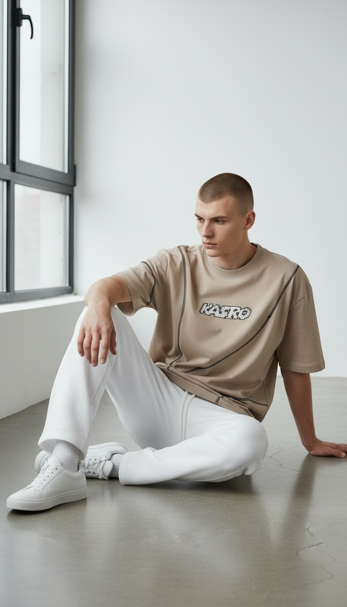 KASRO CONTRAST CURVE STITCH T-SHIRT
