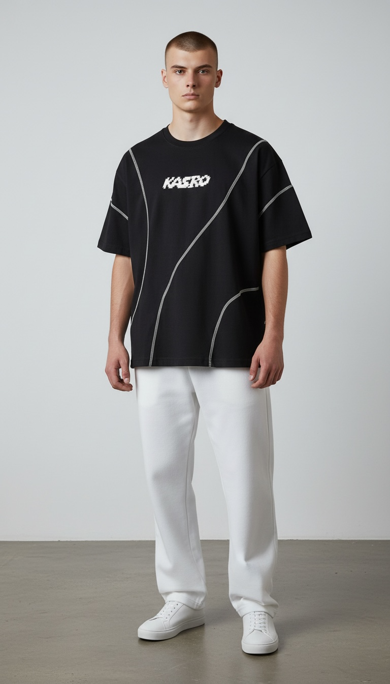 KASRO CONTRAST CURVE STITCH T-SHIRT