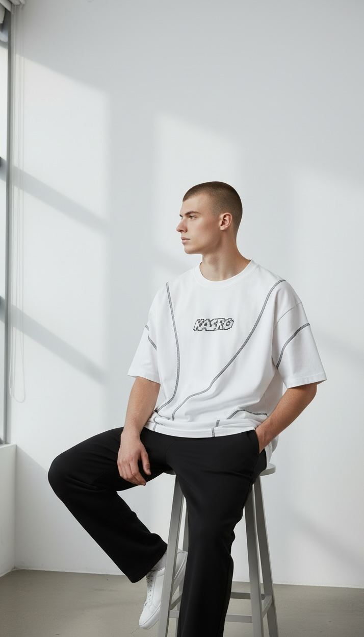 KASRO CONTRAST CURVE STITCH T-SHIRT