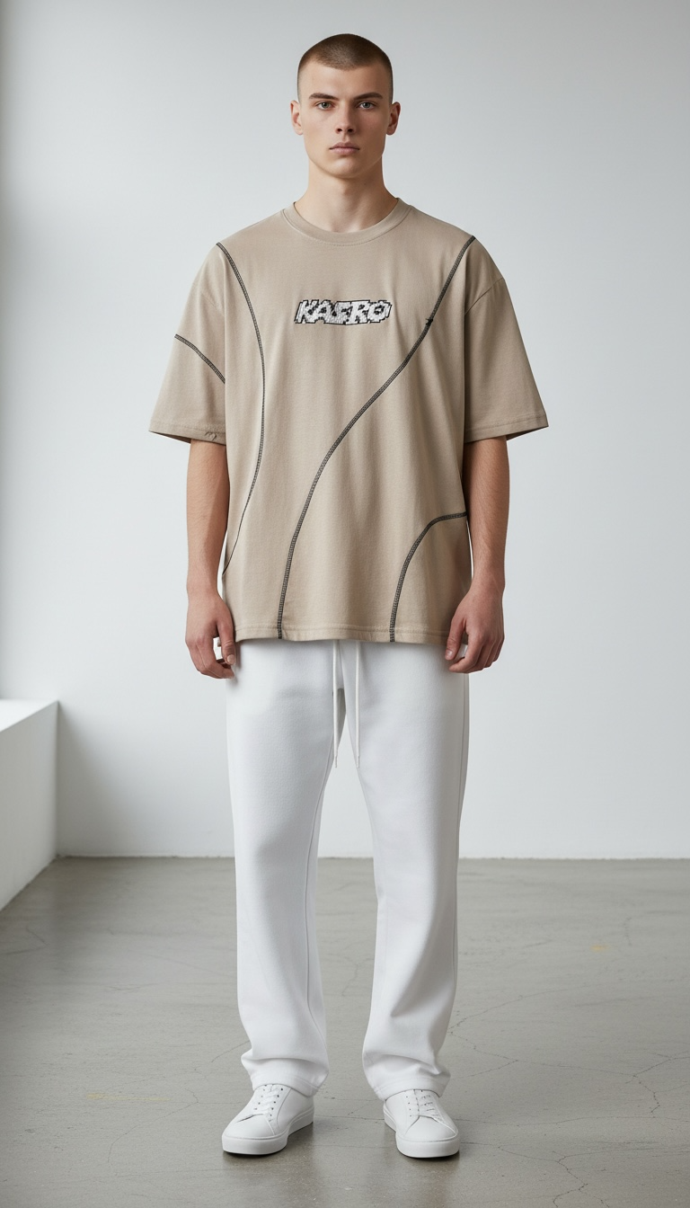 KASRO CONTRAST CURVE STITCH T-SHIRT
