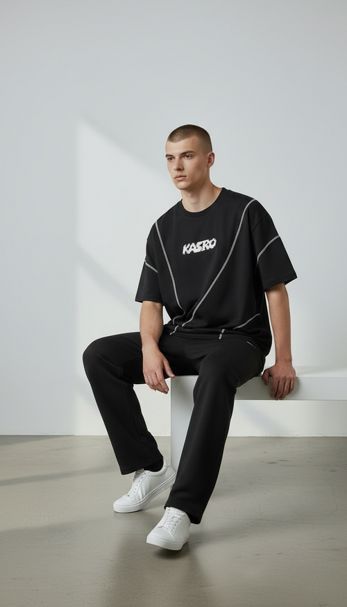 KASRO CONTRAST CURVE STITCH T-SHIRT