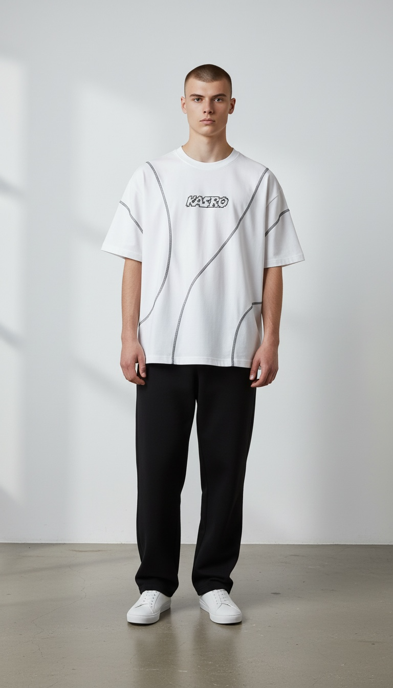 KASRO CONTRAST CURVE STITCH T-SHIRT